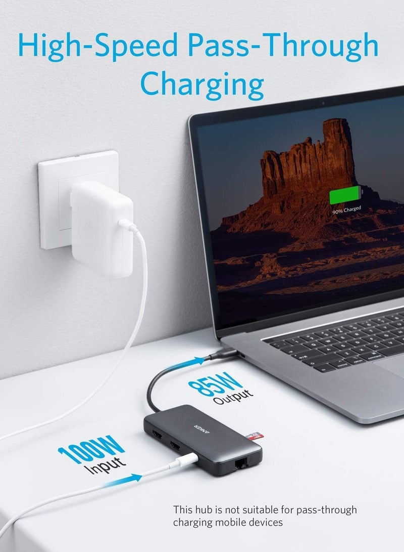 Anker - 553 USB-C Hub, 8-in-1 USB C Dock, Dual 4K HDMI USB C to USB Adapter, 1 Gbps Ethernet USB Hub, 100W Power Delivery, SD Card Reader for MacBook Pro, XPS and More Gray - Image 1