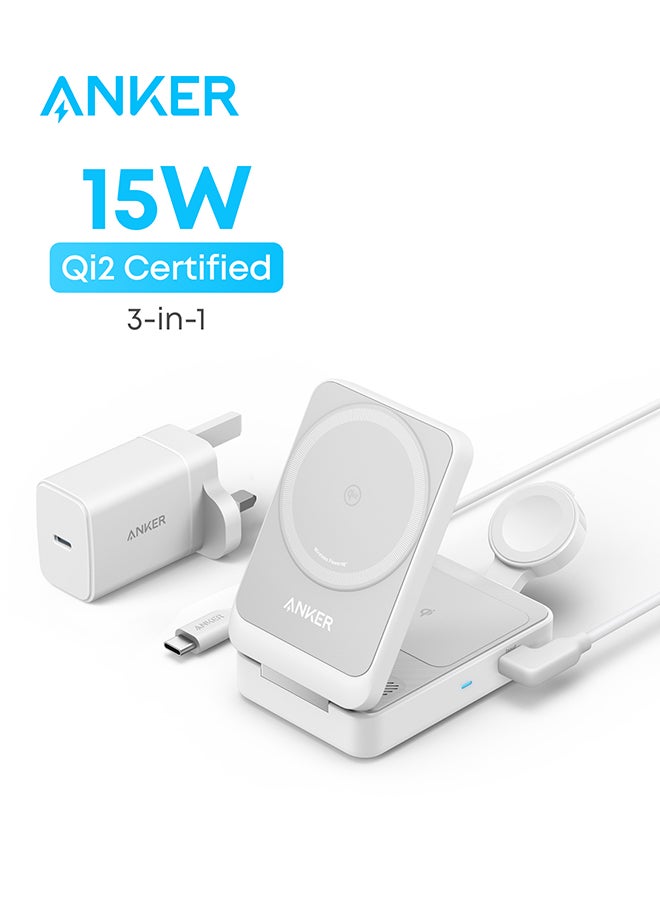 Anker MagSafe Charger Compatible, MagGo 3-in-1 Wireless Charging Station, Qi2 Certified 15W Wireless Stand, Apple Watch Charger for MagSafe, For iPhone 16/15, AirPods (40W USB C Charger Included) White  - Image 1