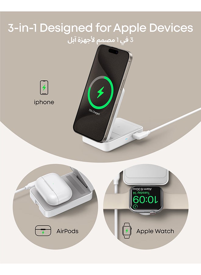 MagSafe Charger Compatible, MagGo 3-in-1 Wireless Charging Station, Qi2 Certified 15W Wireless Stand, Apple Watch Charger for MagSafe, For iPhone 16/15, AirPods (40W USB C Charger Included) White