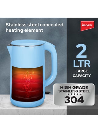 Electric Kettle 2.0 Ltr Double Layer| 304 Stainless Steel | Seamless Inside Body | 360 Cordless Base | Indicator Light | FADA Double Controller | Convenient Cord Storage | Multiple Protection System 2 L 1500 W Steamer 2002 Blue - view 3