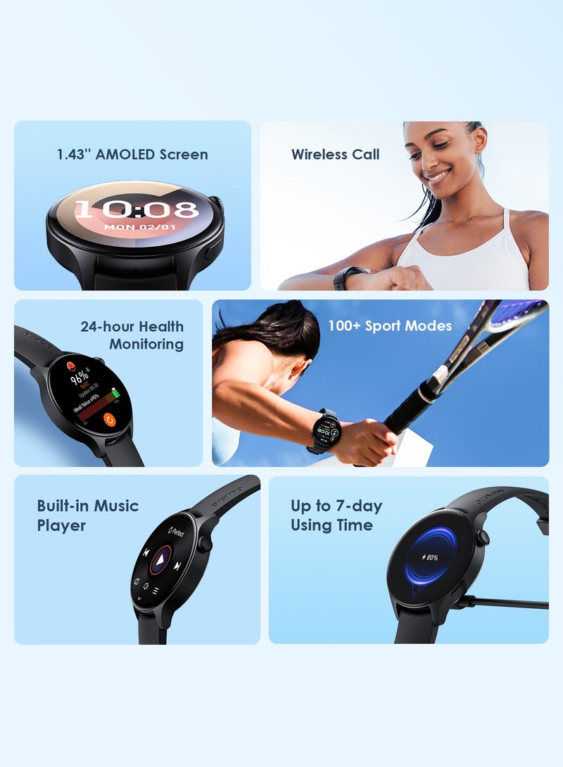 Oraimo - Watch ER 1.43" AMOLED Display Bluetooth Calling Smart Watch,600 NITS Brightness, Built-in Music Player,100+ Sports Modes &Health Monitor Black - Image 1