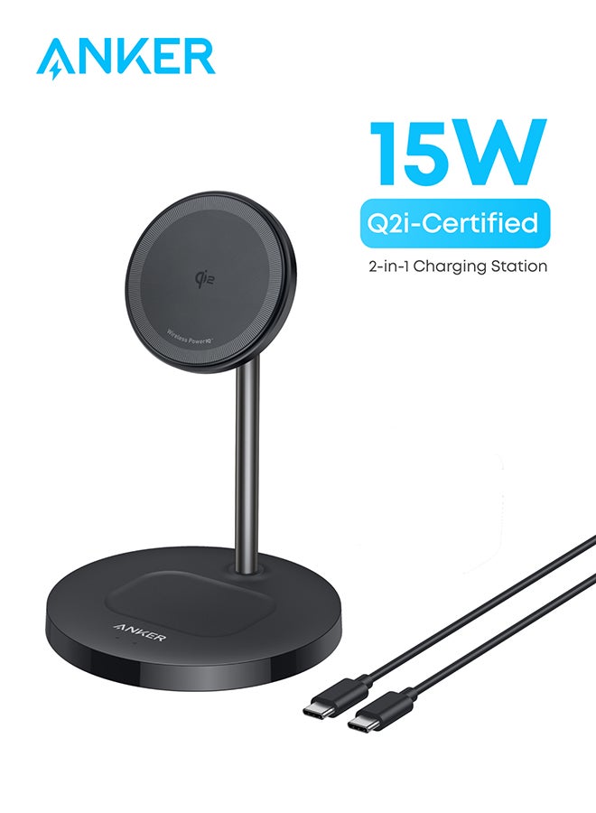 Anker Upgraded MagSafe Compatible Charger Stand, MagGo 2-in-1 Charging Station, Qi2 Certified 15W Wireless Charger Stand, for iPhone 16/15/14/13/12, AirPods Pro (No AC Adapter) Black  - Image 1