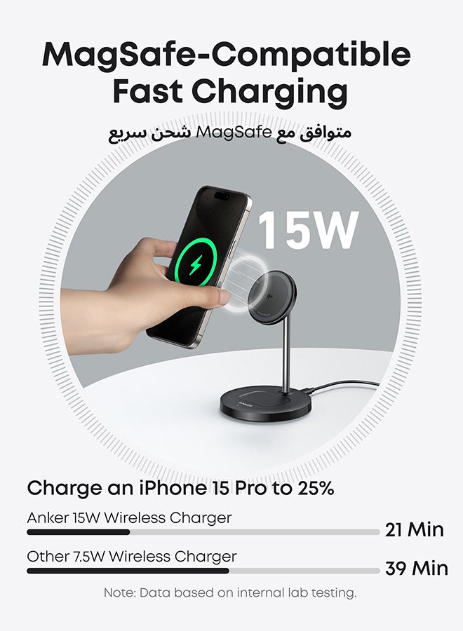 Anker Upgraded MagSafe Compatible Charger Stand, MagGo 2-in-1 Charging Station, Qi2 Certified 15W Wireless Charger Stand, for iPhone 16/15/14/13/12, AirPods Pro (No AC Adapter) Black  - Image 3
