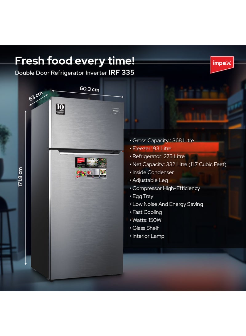Impex - Double Door No Frost Inverter Refrigerator 368 Liter, Fast Cooling Freezer Fridge, Energy Efficient And Silent Operation 150 W IRF 335 Inox/Stainless Steel - Image 1