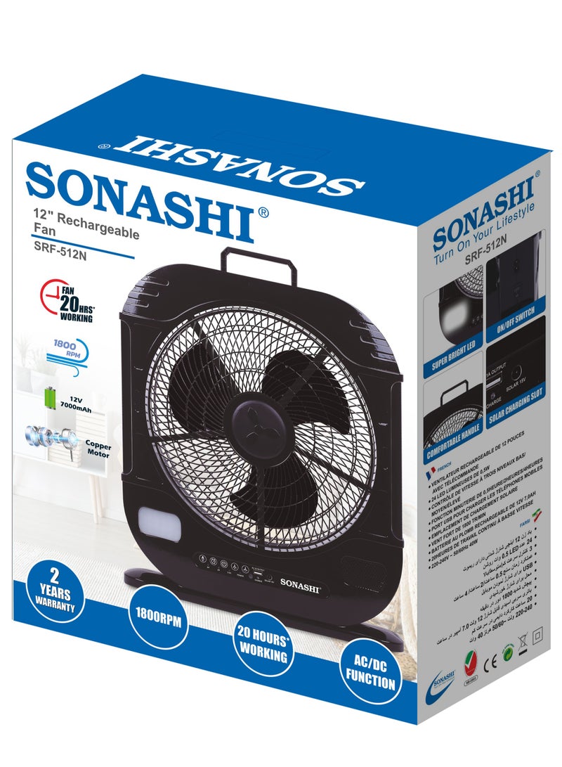 12Inch Rechargeable Fan - Remote Control | 3 Speed Control with Bright LED | Solar Charging Slot with Continuous 20 Hours Working | High Performing Motor for High Speed | Portable Fan SRF-512N Black