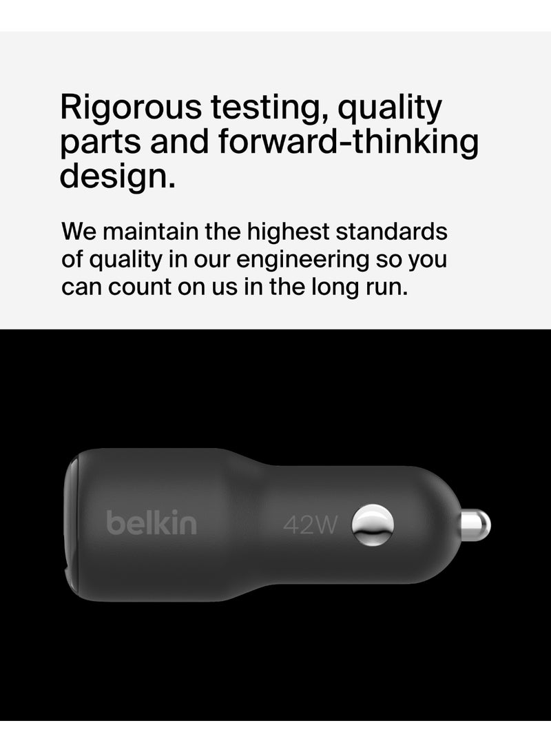 BoostCharge Dual Car Charger 42W w/Fast Charge USB-C 30W PPS & 12W USB-A Ports for Apple iPhone 16/16 Pro/16 Plus/16 Pro Max, iPhone 15, 14, 13, 12 Series, Samsung Galaxy S24, & More - Black Black