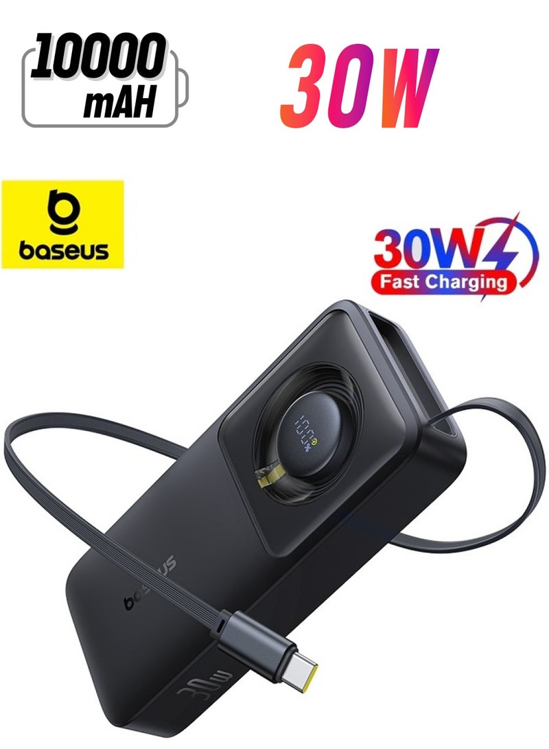 Baseus Portable Charger with Built-In USB-C Cable, PD 30W Output, Fast Charging Power Bank with USB-C, LED Display, Compatible with MacBook Air/Pro M1/M2, iPhone 16/15/14/13 Series, Samsung Galaxy S24/S23/S22, Z Flip5/Fold 5, Huawei, Xiaomi, iPad Pro, Vivo, and Other USB-C Devices, Compact and Lightweight Black - Image 1