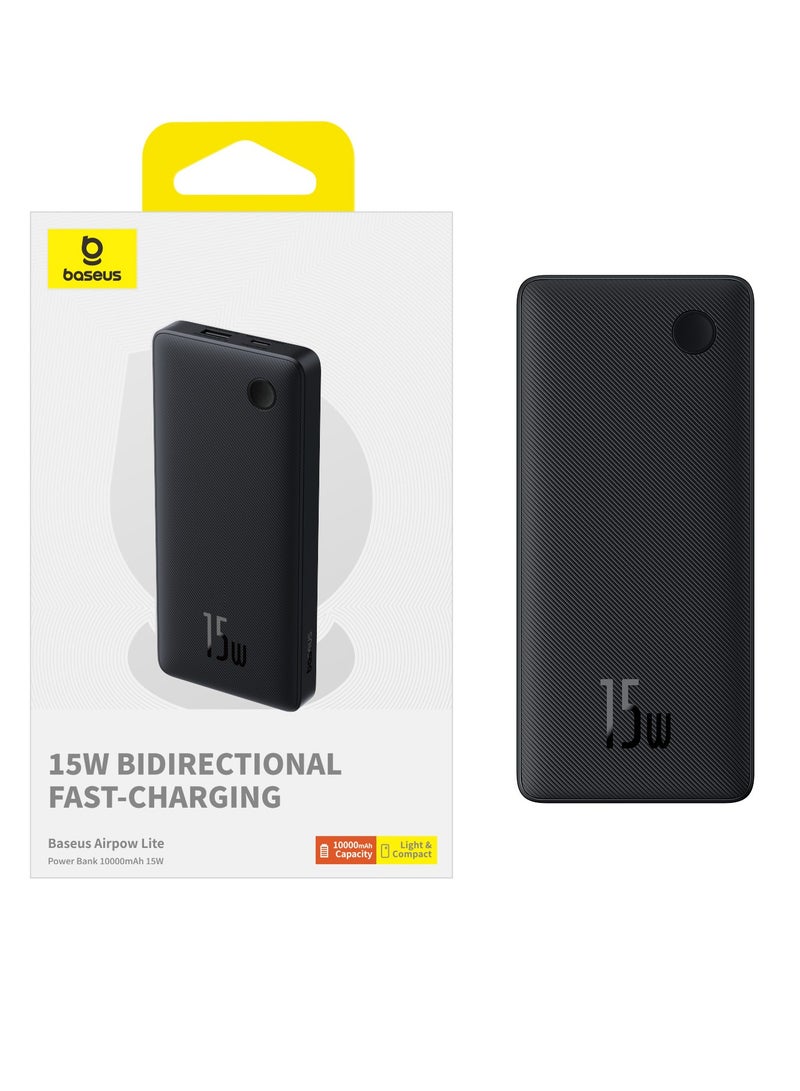 10000 mAh Portable Power Bank, High-Capacity USB-C Charger with PD USB-C Port and QC USB-A Ports, 15W Fast Charging Battery Pack, Compatible with iPhone 16 Plus, 16 Pro, 16 Pro Max, 15, 14, 13, 12 Series, Samsung Galaxy S24/S23, iPad Air/Pro, Tablets, and Other Devices, Compact and Lightweight Design Black