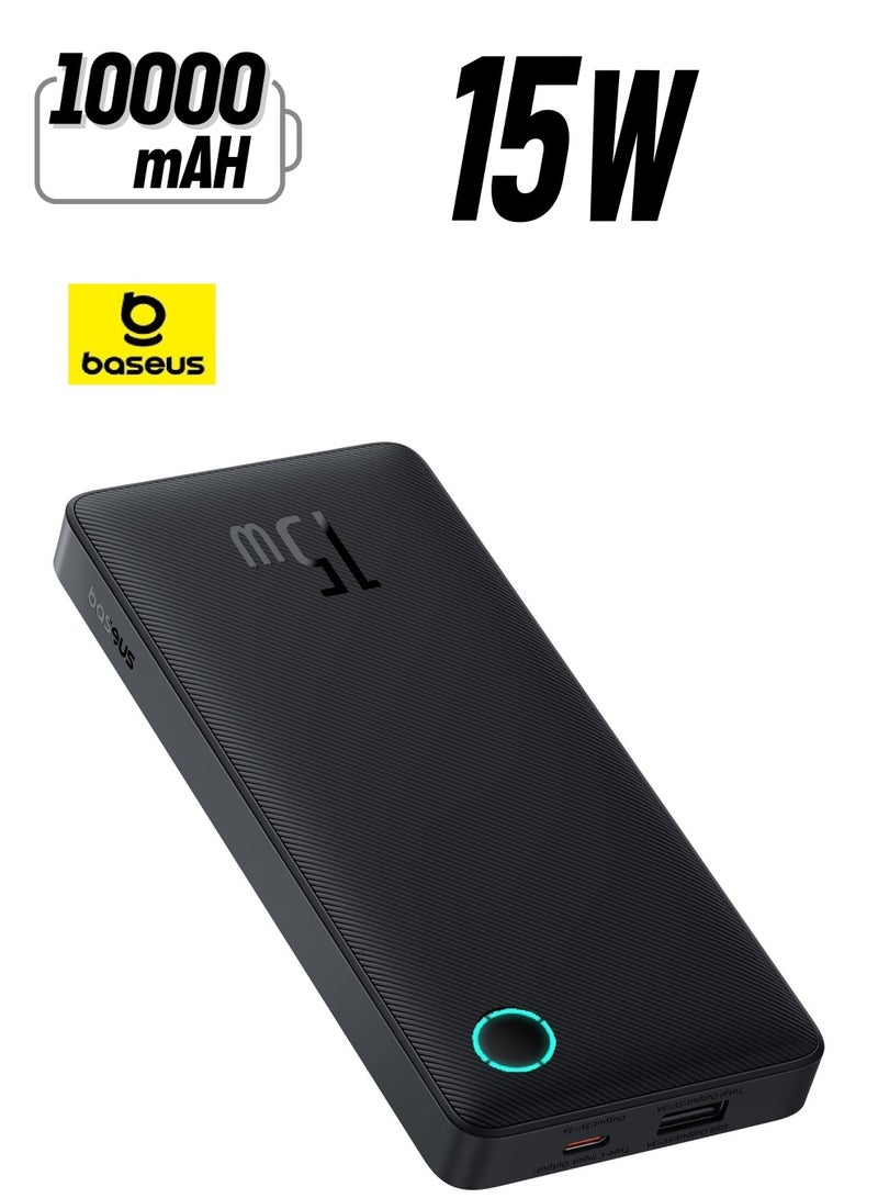 Baseus 10000 mAh Portable Power Bank, High-Capacity USB-C Charger with PD USB-C Port and QC USB-A Ports, 15W Fast Charging Battery Pack, Compatible with iPhone 16 Plus, 16 Pro, 16 Pro Max, 15, 14, 13, 12 Series, Samsung Galaxy S24/S23, iPad Air/Pro, Tablets, and Other Devices, Compact and Lightweight Design Black  - Image 1