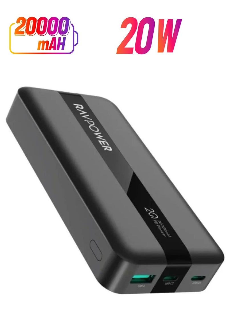 راف باور - 20000 mAh Power Bank 20W Power Bank With 2 Type-C Pd Ports And A Usb Port - Black - Image 1