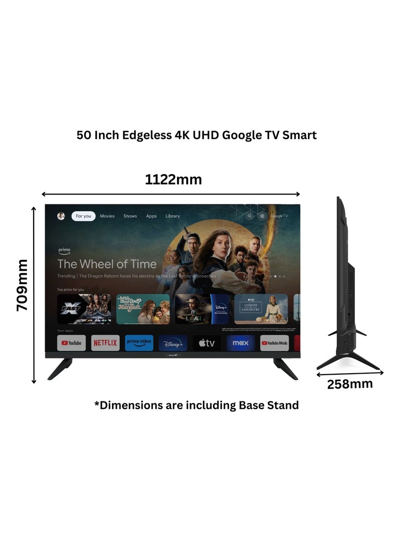 VIDEOCON 50 Inch Edgeless 4k UHD Google TV + 2.1 CH Soundbar With Subwoofer E50ELGT1100+TH-BY370A Black - Image 3