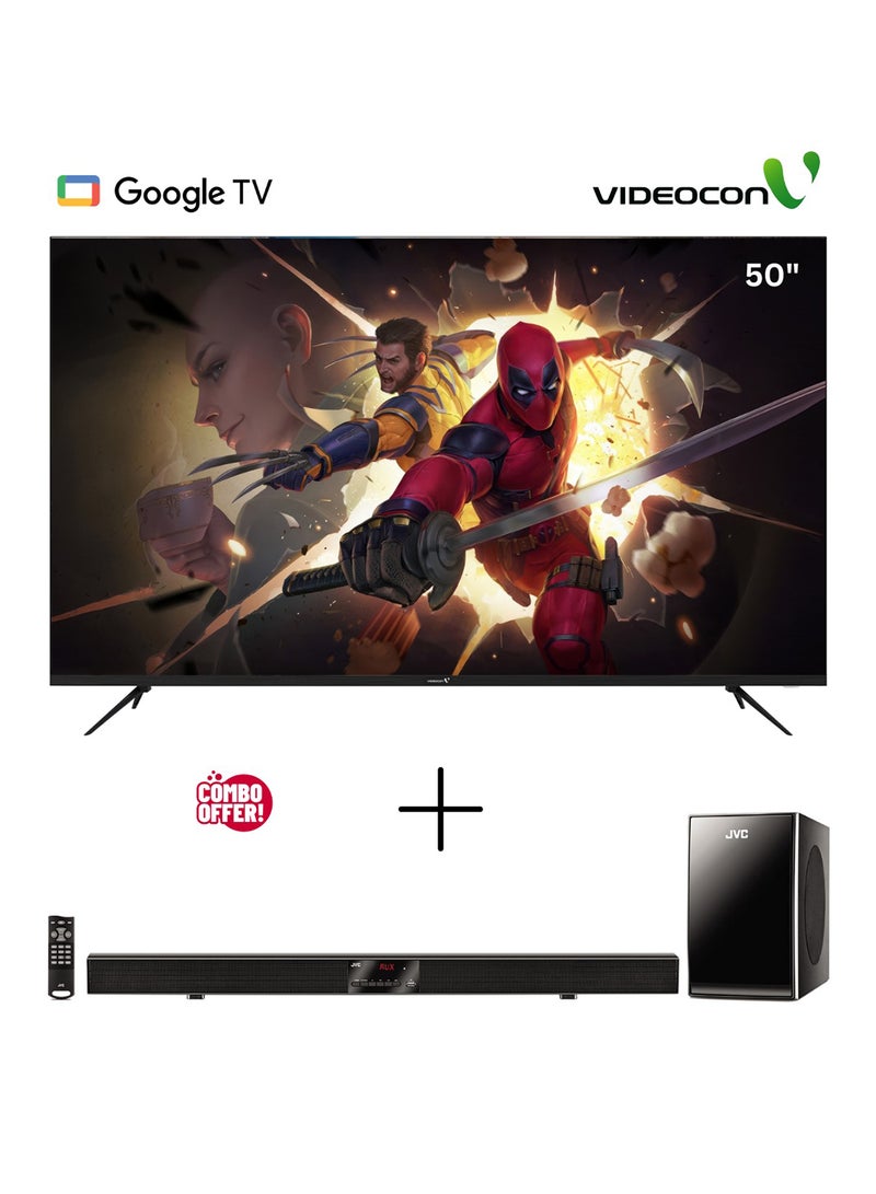 VIDEOCON 50 Inch Edgeless 4k UHD Google TV + 2.1 CH Soundbar With Subwoofer E50ELGT1100+TH-BY370A Black - Image 1