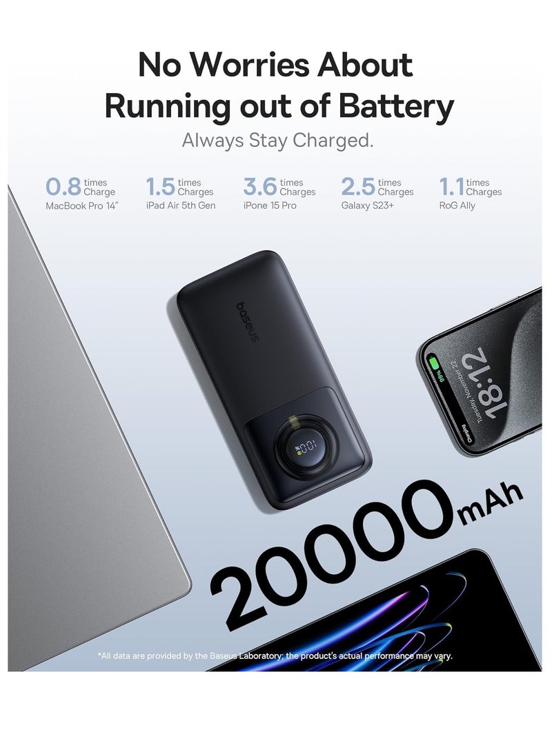 Baseus 20000 mAh 65W Power Bank, Laptop Portable Charger with Built-in Retractable USB-C Cable, Fast Charging Battery Pack for MacBook Pro/Air, iPad Pro/Air, iPhone 16 Pro Max, 15 Series, Samsung S24 Ultra, S23, S22, Steam Deck, AirPods, Tablets, High-Capacity Portable Charger for Laptops and Mobile Devices Black  - Image 3