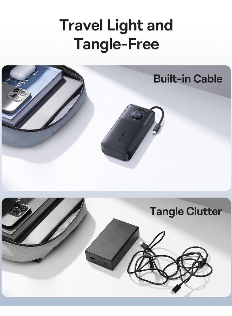 20000 mAh 65W Power Bank, Laptop Portable Charger with Built-in Retractable USB-C Cable, Fast Charging Battery Pack for MacBook Pro/Air, iPad Pro/Air, iPhone 16 Pro Max, 15 Series, Samsung S24 Ultra, S23, S22, Steam Deck, AirPods, Tablets, High-Capacity Portable Charger for Laptops and Mobile Devices Black