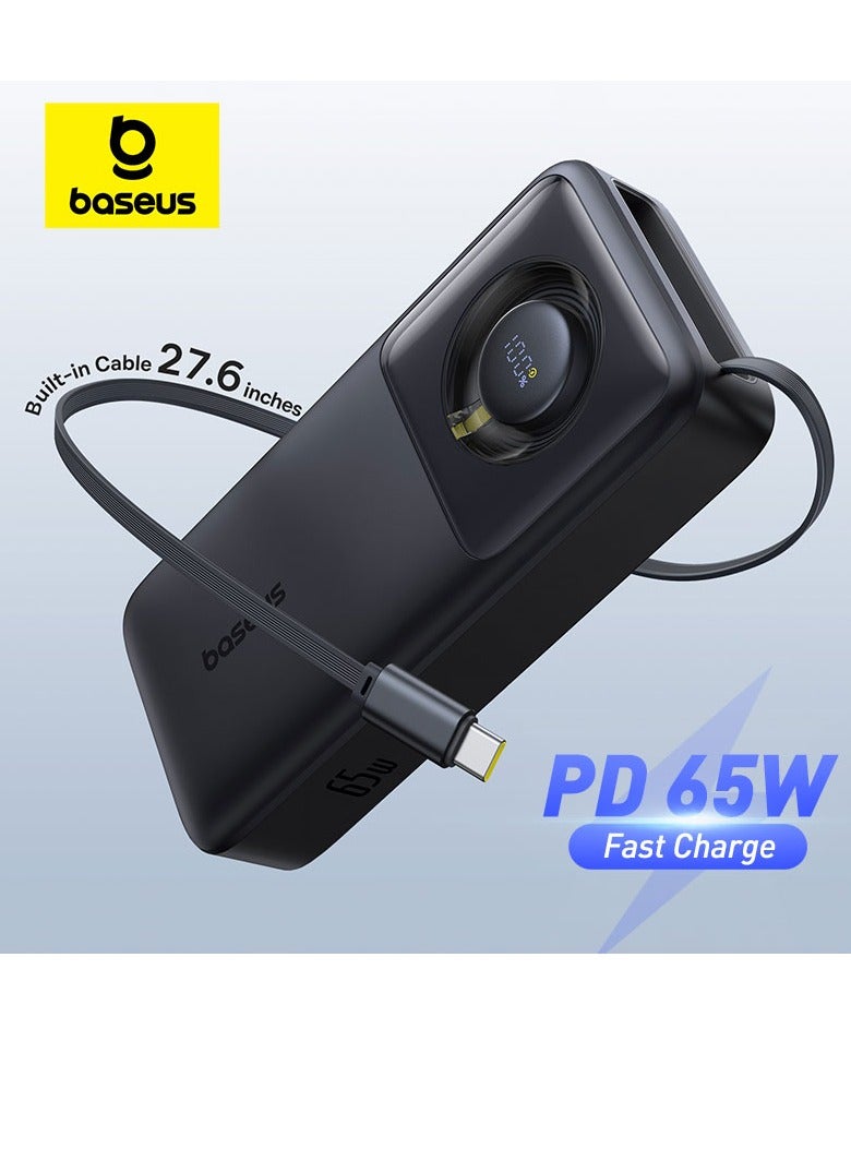 Baseus 20000 mAh 65W Power Bank, Laptop Portable Charger with Built-in Retractable USB-C Cable, Fast Charging Battery Pack for MacBook Pro/Air, iPad Pro/Air, iPhone 16 Pro Max, 15 Series, Samsung S24 Ultra, S23, S22, Steam Deck, AirPods, Tablets, High-Capacity Portable Charger for Laptops and Mobile Devices Black  - Image 1