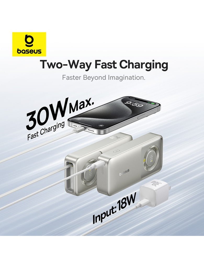10000 mAh Portable Charger with Built-In USB-C Cable, PD 30W Output, Fast Charging Power Bank with USB-C, LED Display, Compatible with MacBook Air/Pro M1/M2, iPhone 16/15/14/13 Series, Samsung Galaxy S24/S23/S22, Z Flip5/Fold 5, Huawei, Xiaomi, iPad Pro, Vivo, and Other USB-C Devices, Compact and Lightweight Lunar Grey