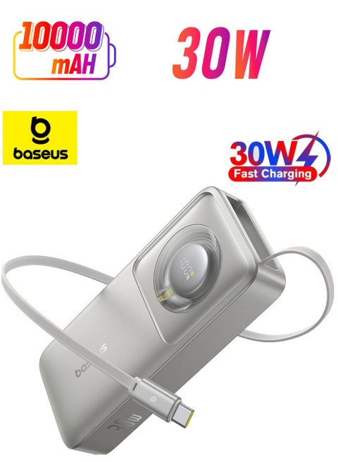 10000 mAh Portable Charger with Built-In USB-C Cable, PD 30W Output, Fast Charging Power Bank with USB-C, LED Display, Compatible with MacBook Air/Pro M1/M2, iPhone 16/15/14/13 Series, Samsung Galaxy S24/S23/S22, Z Flip5/Fold 5, Huawei, Xiaomi, iPad Pro, Vivo, and Other USB-C Devices, Compact and Lightweight Lunar Grey