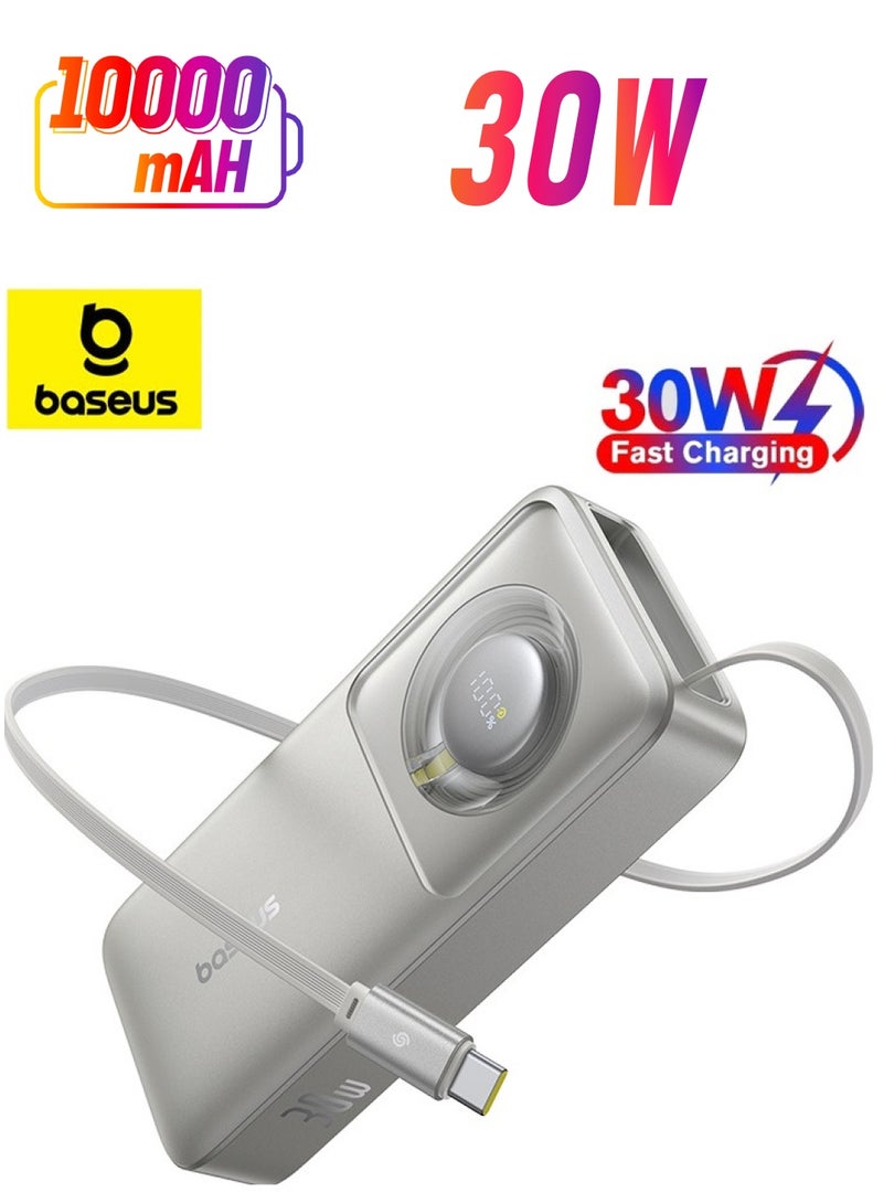 10000 mAh Portable Charger with Built-In USB-C Cable, PD 30W Output, Fast Charging Power Bank with USB-C, LED Display, Compatible with MacBook Air/Pro M1/M2, iPhone 16/15/14/13 Series, Samsung Galaxy S24/S23/S22, Z Flip5/Fold 5, Huawei, Xiaomi, iPad Pro, Vivo, and Other USB-C Devices, Compact and Lightweight Lunar Grey