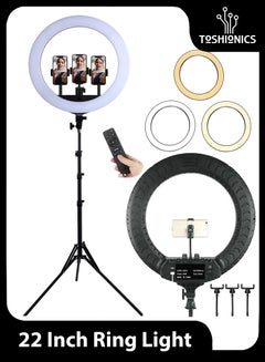 22 Inch Dimmable Circle LED Studio Selfie Ring Light With 90Inch Tripod Stand Remote And 3 Mobile Phone Holders For Makeup Camera Photography YouTube Video Shoot TikTok Vlog Live Stream With Carry Bag Multicolour