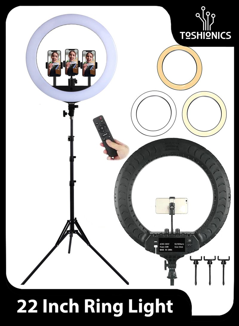 Toshionics - 22 Inch Dimmable Circle LED Studio Selfie Ring Light With 90Inch Tripod Stand Remote And 3 Mobile Phone Holders For Makeup Camera Photography YouTube Video Shoot TikTok Vlog Live Stream With Carry Bag Multicolour - Image 1