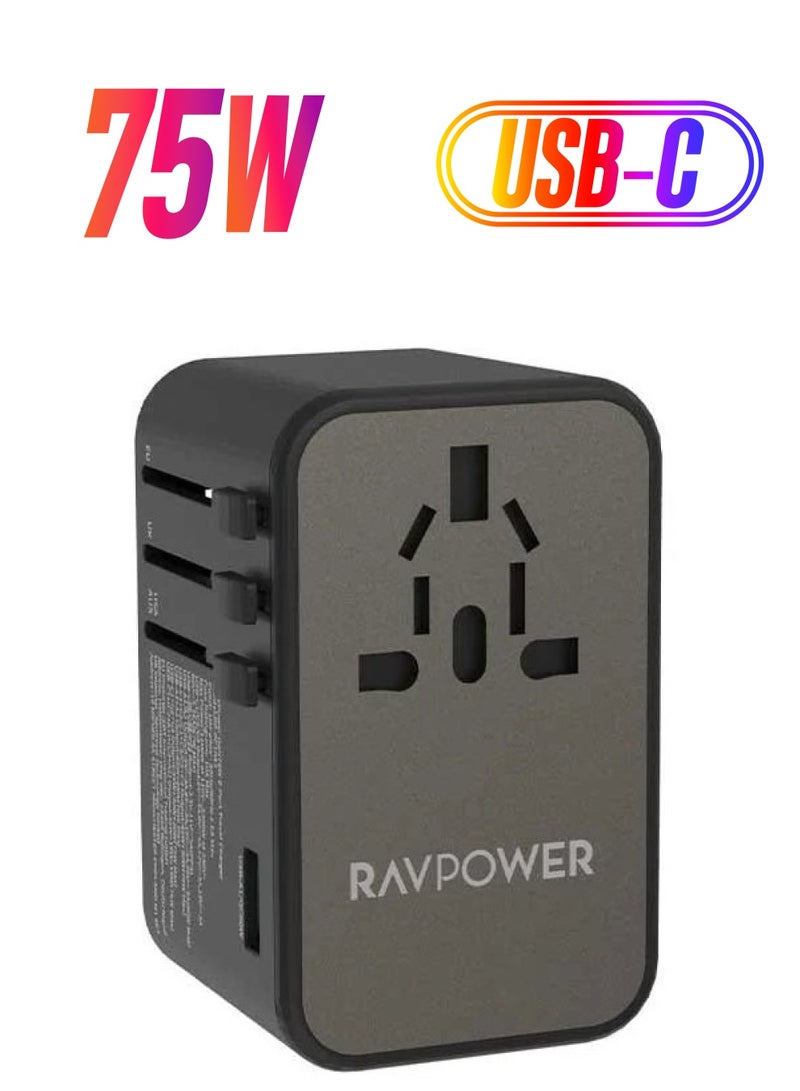 RAVPOWER 75-Watt Multi-Port Travel Plug With Three Type-C Ports And A Usb-A Port Black - Image 1