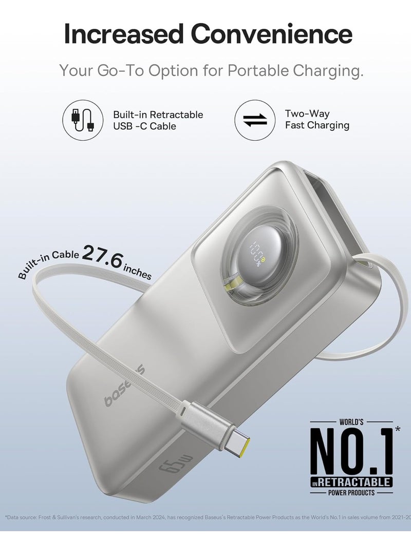 Baseus 20000 mAh 65W Power Bank, Laptop Portable Charger with Built-in Retractable USB-C Cable, Fast Charging Battery Pack for MacBook Pro/Air, iPad Pro/Air, iPhone 16 Pro Max, 15 Series, Samsung S24 Ultra, S23, S22, Steam Deck, AirPods, Tablets, High-Capacity Portable Charger for Laptops and Mobile Devices Lunar Grey  - Image 2