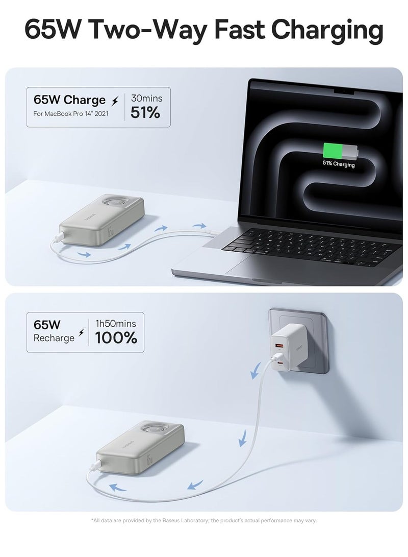 Baseus 20000 mAh 65W Power Bank, Laptop Portable Charger with Built-in Retractable USB-C Cable, Fast Charging Battery Pack for MacBook Pro/Air, iPad Pro/Air, iPhone 16 Pro Max, 15 Series, Samsung S24 Ultra, S23, S22, Steam Deck, AirPods, Tablets, High-Capacity Portable Charger for Laptops and Mobile Devices Lunar Grey  - Image 4