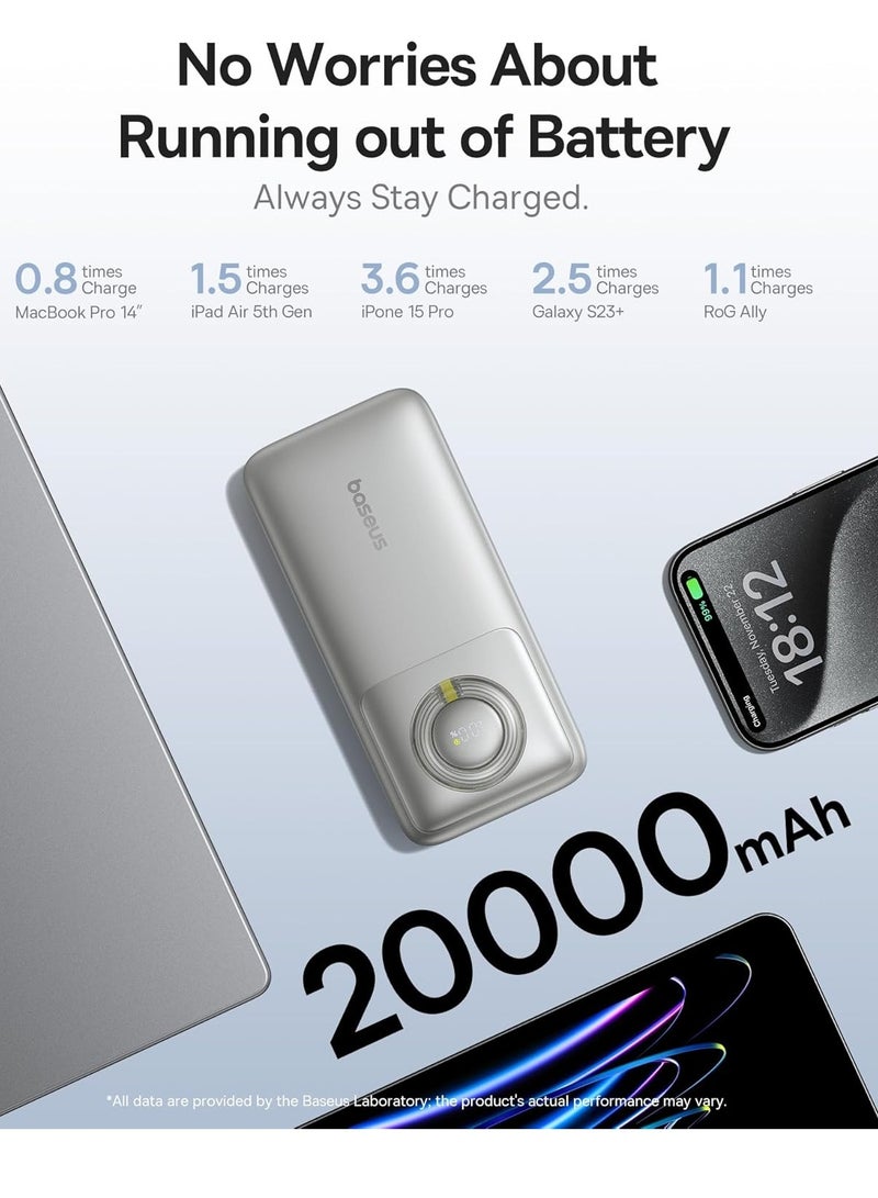Baseus 20000 mAh 65W Power Bank, Laptop Portable Charger with Built-in Retractable USB-C Cable, Fast Charging Battery Pack for MacBook Pro/Air, iPad Pro/Air, iPhone 16 Pro Max, 15 Series, Samsung S24 Ultra, S23, S22, Steam Deck, AirPods, Tablets, High-Capacity Portable Charger for Laptops and Mobile Devices Lunar Grey  - Image 3