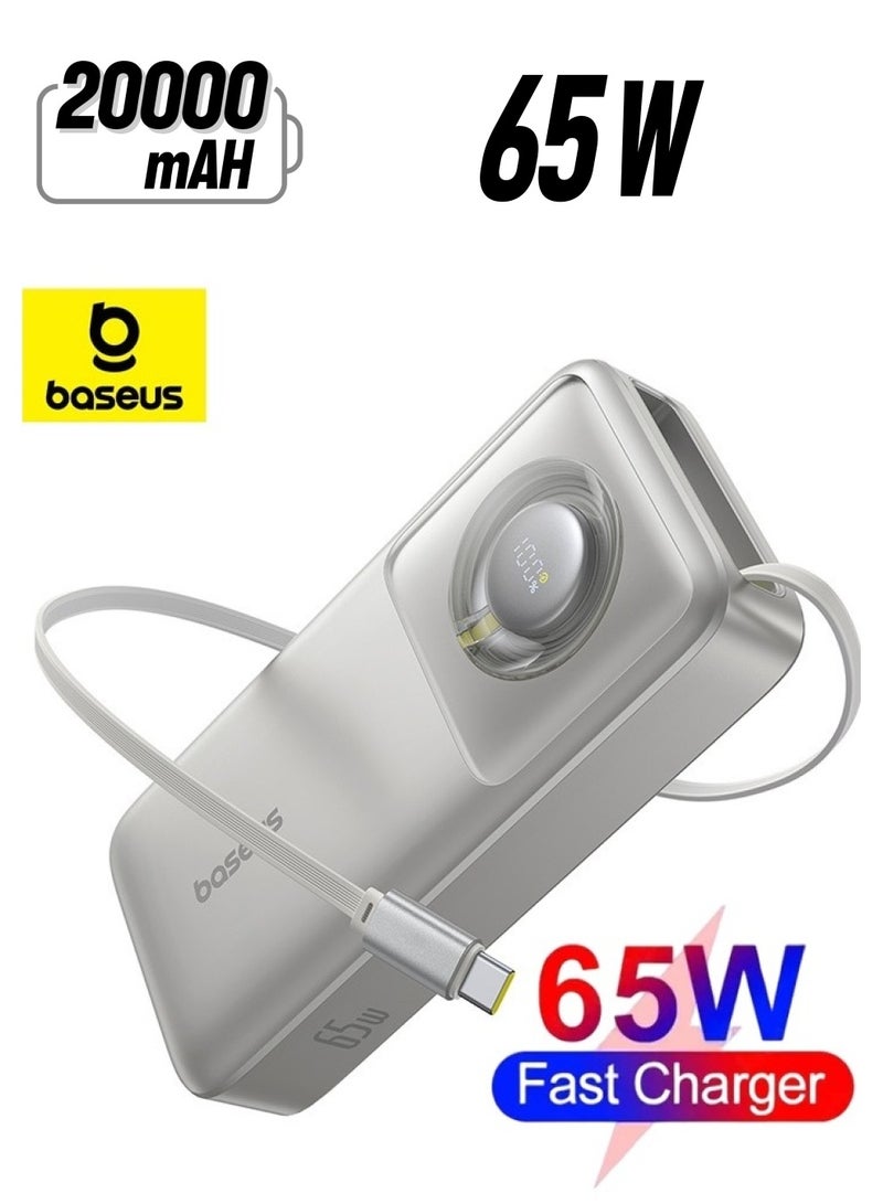 Baseus 20000 mAh 65W Power Bank, Laptop Portable Charger with Built-in Retractable USB-C Cable, Fast Charging Battery Pack for MacBook Pro/Air, iPad Pro/Air, iPhone 16 Pro Max, 15 Series, Samsung S24 Ultra, S23, S22, Steam Deck, AirPods, Tablets, High-Capacity Portable Charger for Laptops and Mobile Devices Lunar Grey  - Image 1