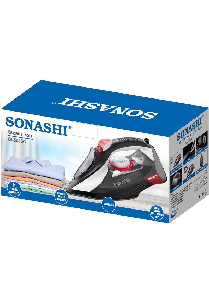 SONASHI - Steam Iron with Ceramic Coated Soleplate | Steam/Burst Steam/Spray/Dry Iron with Self-Clean Function | Anti-Drip/Anti-Calc/Auto Shut-Off With Water Tank 350 ml 2800 W SI-5085C Black/Red - Image 1
