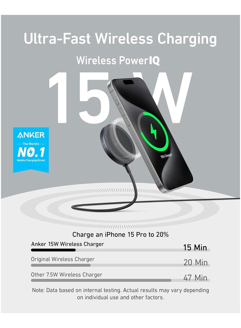 Anker - MagSafe Charger Compatible, MagGo Magnetic Wireless Charger (Pad), Qi2 Certified 15W Ultra-Fast Wireless Charger, For iPhone 16/16 Pro/16 Plus /16 Pro Max, 15/14/13 Series (Charger Not Included) Black - Image 1
