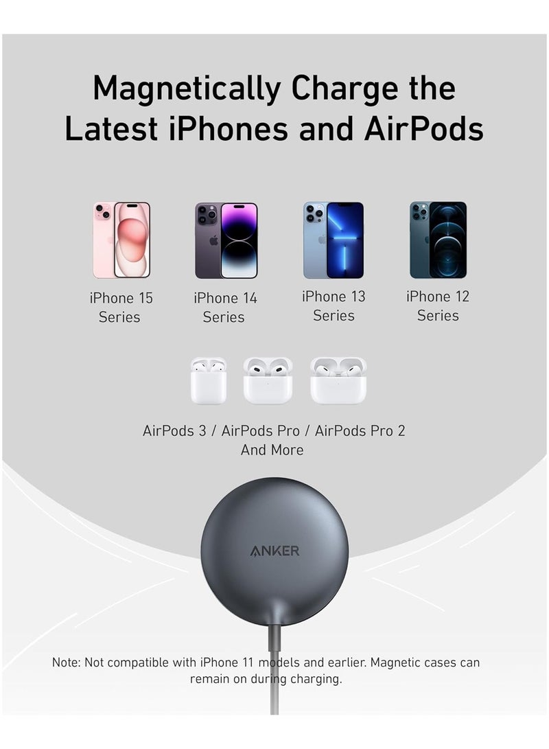 Anker - MagSafe Charger Compatible, MagGo Magnetic Wireless Charger (Pad), Qi2 Certified 15W Ultra-Fast Wireless Charger, For iPhone 16/16 Pro/16 Plus /16 Pro Max, 15/14/13 Series (Charger Not Included) Black - Image 1