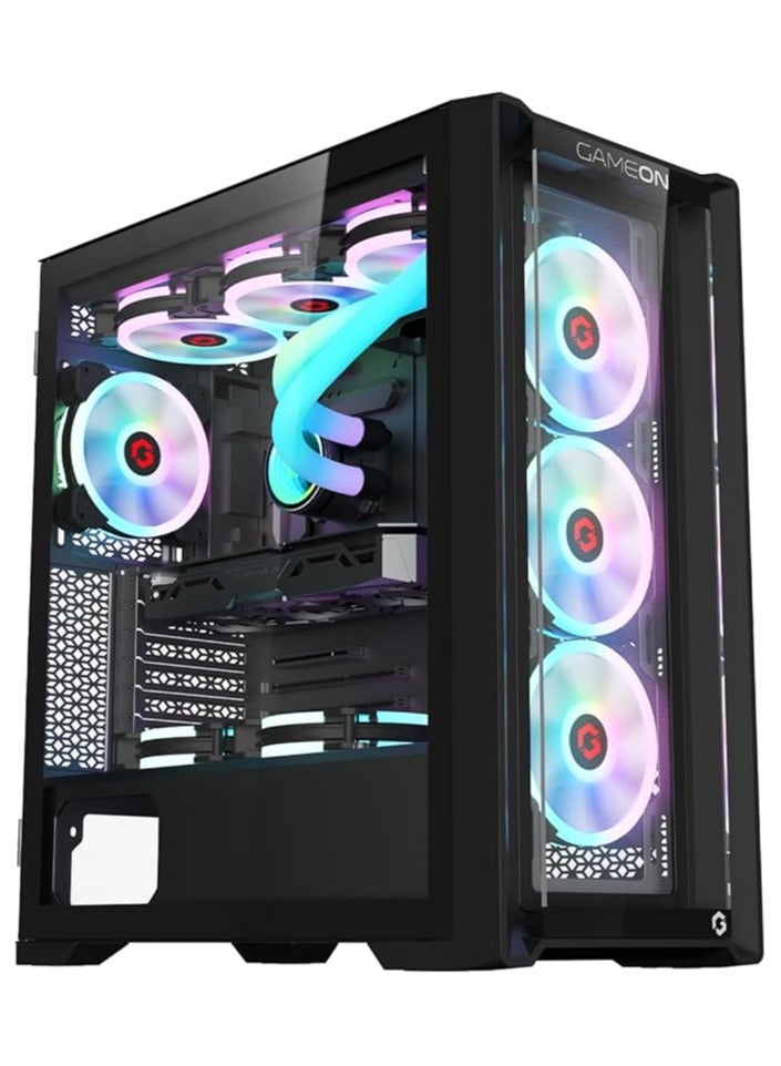 GameOn - Vortex Midnight Series Mid Tower PC Gaming Case, ARGB+PWM Lighting, 0.8mm Tempered Glass Pre installed 4 RGB Fans Computer Case Dust Filters Black - Image 1