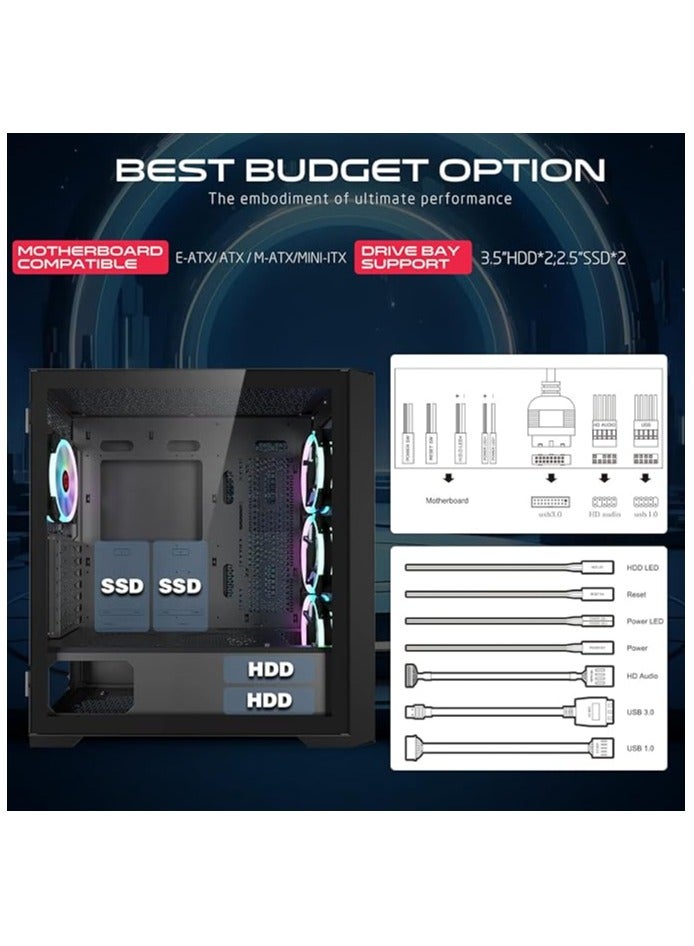 GameOn - Vortex Midnight Series Mid Tower PC Gaming Case, ARGB+PWM Lighting, 0.8mm Tempered Glass Pre installed 4 RGB Fans Computer Case Dust Filters Black - Image 1