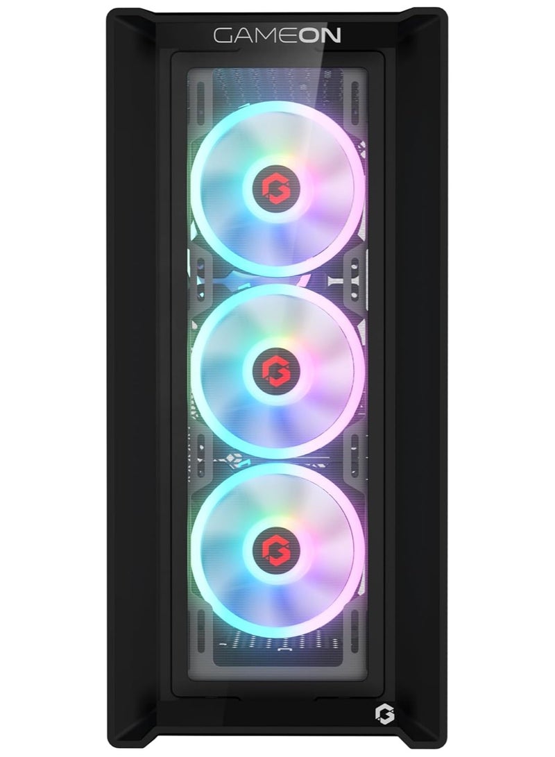 GameOn - Vortex Midnight Series Mid Tower PC Gaming Case, ARGB+PWM Lighting, 0.8mm Tempered Glass Pre installed 4 RGB Fans Computer Case Dust Filters Black - Image 1