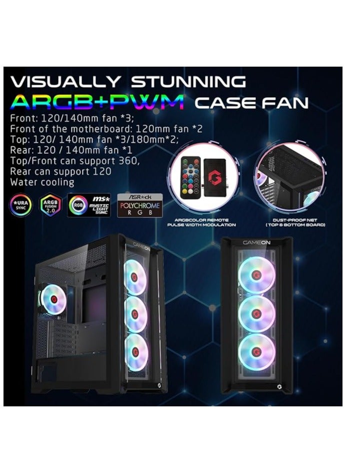 GameOn - Vortex Midnight Series Mid Tower PC Gaming Case, ARGB+PWM Lighting, 0.8mm Tempered Glass Pre installed 4 RGB Fans Computer Case Dust Filters Black - Image 1