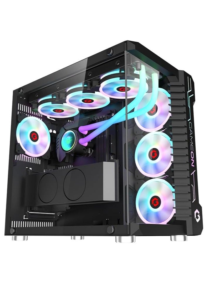 GameOn Emperor Midnight III Series Mid Tower PC Gaming Case 120mm ARGB+PWM Lighting Tempered Glass Pre Installed 7 RGB Cooling Fans Dust Filters Black  - Image 1