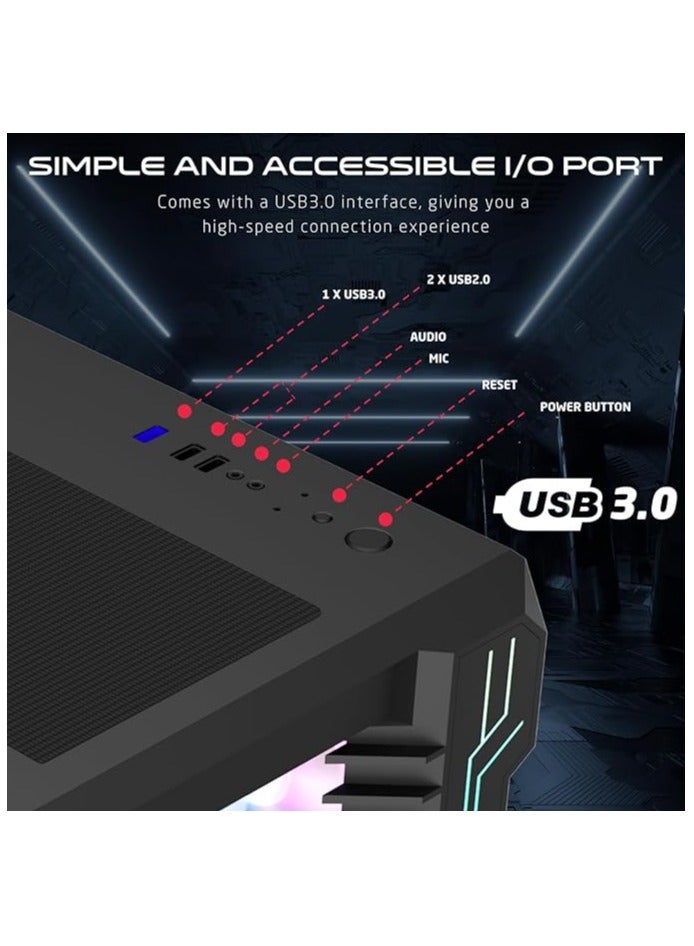 GameOn Emperor Midnight III Series Mid Tower PC Gaming Case 120mm ARGB+PWM Lighting Tempered Glass Pre Installed 7 RGB Cooling Fans Dust Filters Black  - Image 5