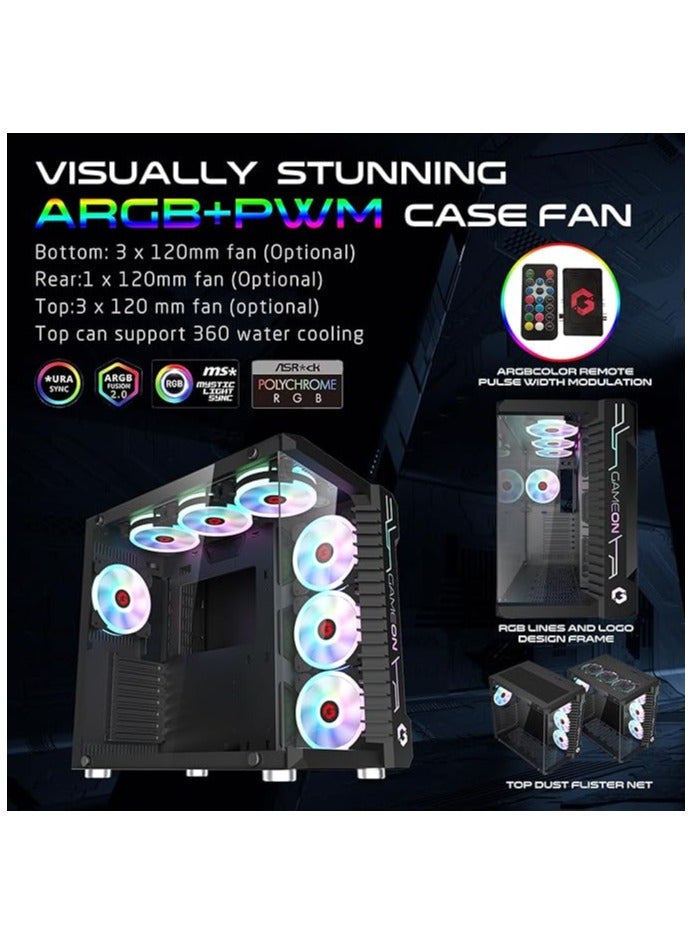 GameOn Emperor Midnight III Series Mid Tower PC Gaming Case 120mm ARGB+PWM Lighting Tempered Glass Pre Installed 7 RGB Cooling Fans Dust Filters Black  - Image 4