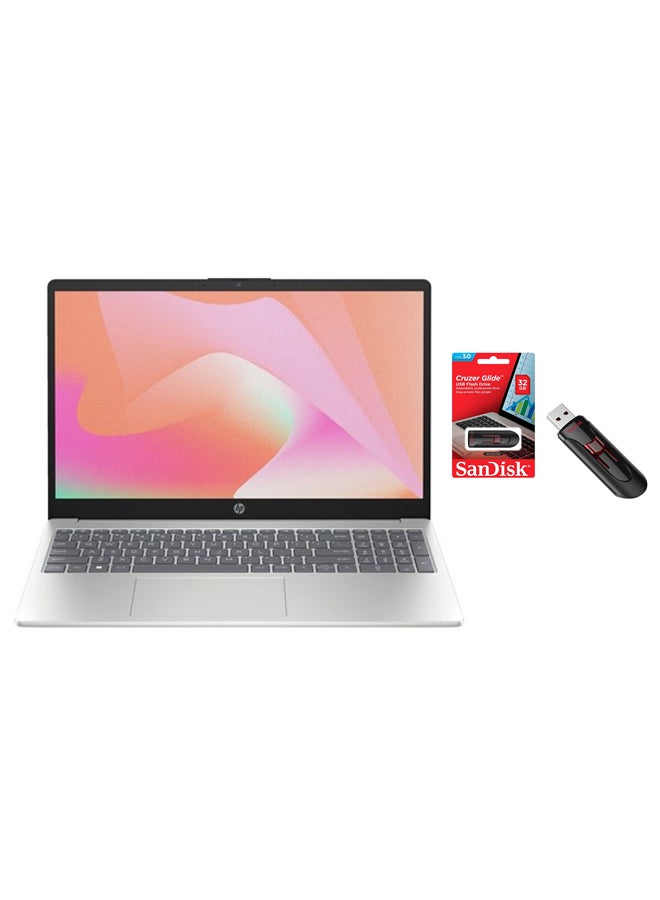 HP 15-fd0021nx Laptop With 15.6 Inch Full HD Display, Intel Core i3-1315U Processor/4GB RAM DDR4/256GB SSD/DOS(Without Windows)/Intel UHD Graphics + Sandisk USB Card 32 GB English/Arabic Natural Silver - Image 1