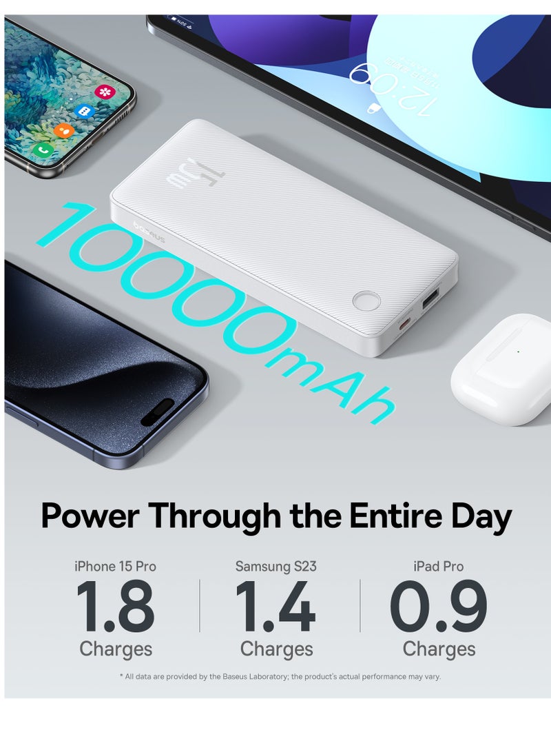 Baseus 10000 mAh Portable Power Bank, High-Capacity USB-C Charger with PD USB-C Port and QC USB-A Ports, 15W Fast Charging Battery Pack, Compatible with iPhone 16 Plus, 16 Pro, 16 Pro Max, 15, 14, 13, 12 Series, Samsung Galaxy S24/S23, iPad Air/Pro, Tablets, and Other Devices, Compact and Lightweight Design White  - Image 2