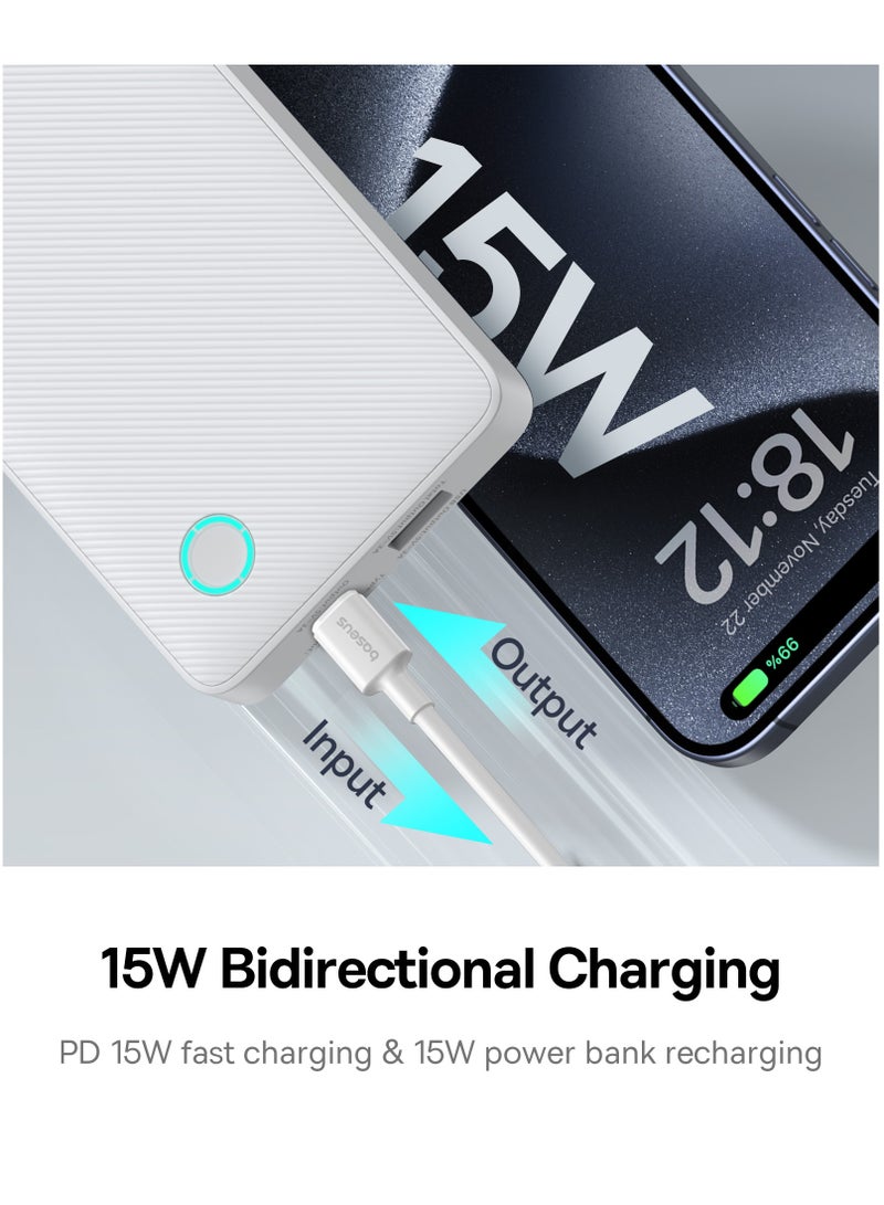 Baseus 10000 mAh Portable Power Bank, High-Capacity USB-C Charger with PD USB-C Port and QC USB-A Ports, 15W Fast Charging Battery Pack, Compatible with iPhone 16 Plus, 16 Pro, 16 Pro Max, 15, 14, 13, 12 Series, Samsung Galaxy S24/S23, iPad Air/Pro, Tablets, and Other Devices, Compact and Lightweight Design White  - Image 4