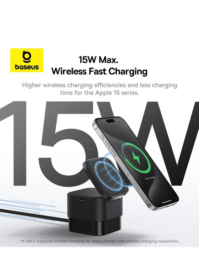 Baseus 2-in-1 Magnetic Wireless Charger for iPhone/Air Pods, 15W Magsafe Charger Magnetic, Wireless Charging Station with Retractable USB C Cable for iPhone 15 Pro Max, 14 13 12 Pro Max, Air Pods Pro 3/2 Black - Image 3