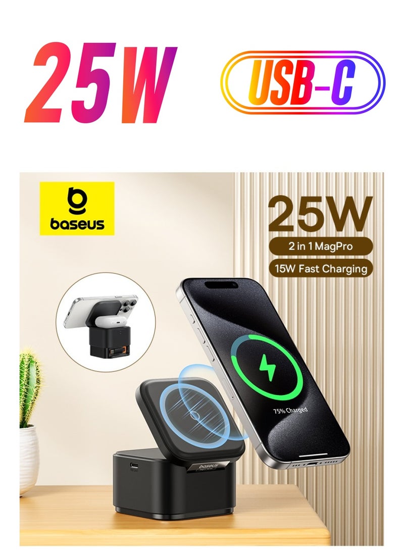Baseus 2-in-1 Magnetic Wireless Charger for iPhone/Air Pods, 15W Magsafe Charger Magnetic, Wireless Charging Station with Retractable USB C Cable for iPhone 15 Pro Max, 14 13 12 Pro Max, Air Pods Pro 3/2 Black - Image 1