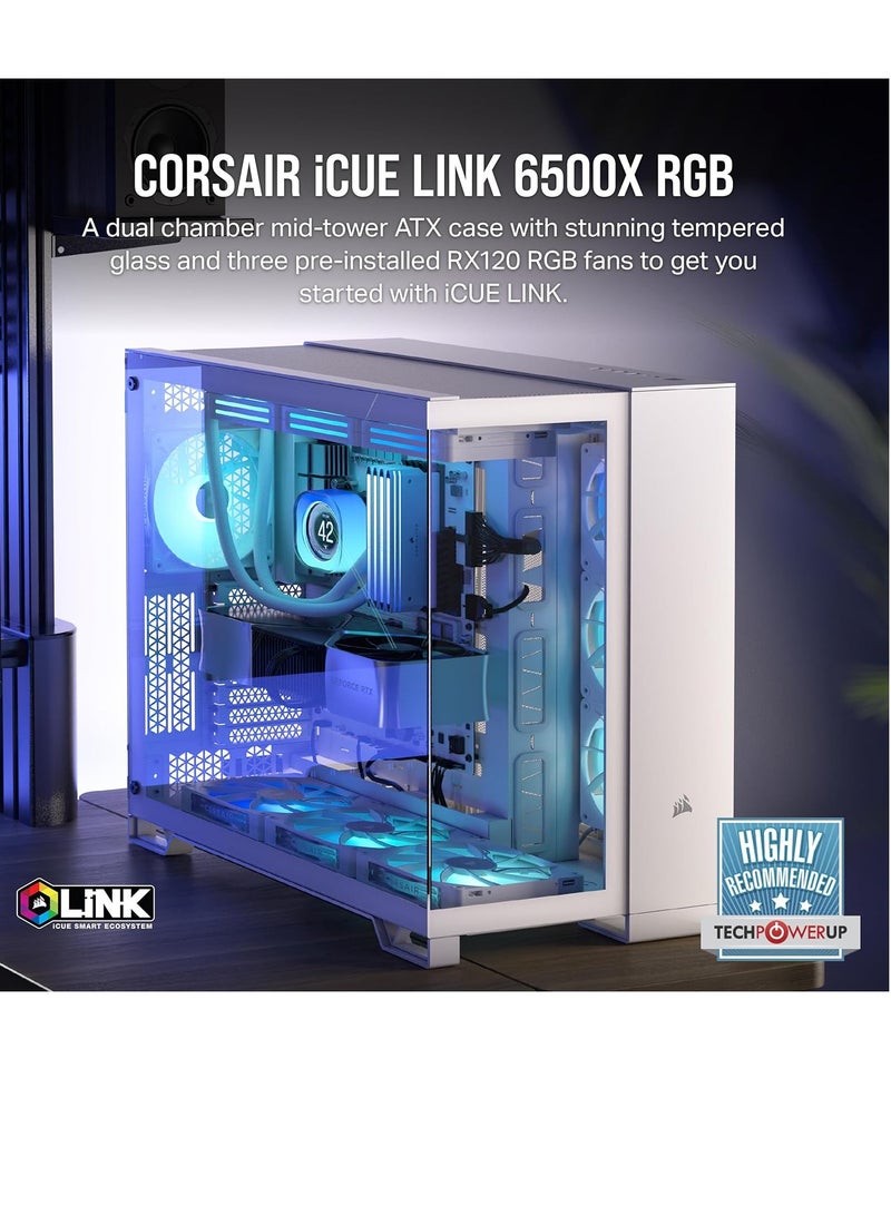 كورسير iCUE Link 6500X RGB Mid-Tower ATX Dual Chamber، زجاج مقوى بانورامي، توصيل عكسي متوافق مع اللوحة الأم، 3 مراوح CORSAIR RX120 RGB متضمنة  - Image 3