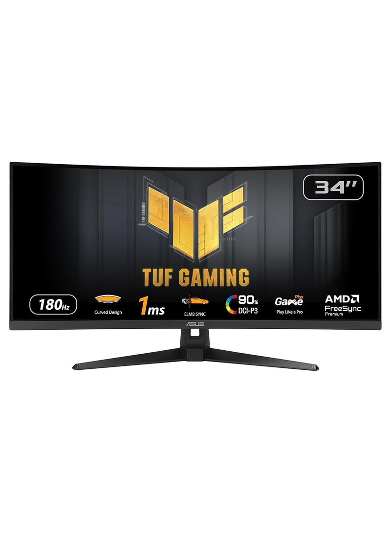 أسوس شاشة ألعاب TUF Gaming VG34VQ3B، 34 بوصة WQHD (3440x1440)، منحنية، 180 هرتز، ELMB SYNC، FreeSync Premium، 1 مللي ثانية MPRT، 90% DCI-P3، DisplayWidget Center | 90LM0AA0-B01170 - Image 1