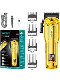 V-138 Premium Metal Housing Hair Clipper 10000H+ Brushless motor (BLDC) Digital Display DLC coating Blade 2500 mAh battery USB charging 4 adjustable Taper Lever 4 Guide comb Runtime 180 min Gold