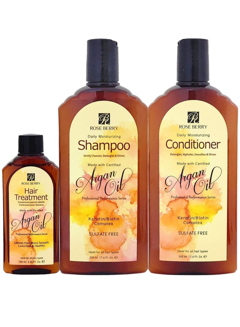 ROSE BERRY 3 Pcs Argan Oil Daily Moisturizing Shampoo + Conditioner + Hair Treatment 