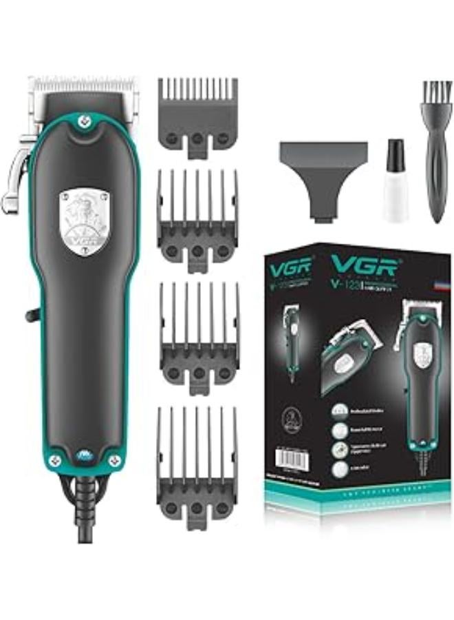VGR - V-123 Professional Hair Clipper with Powerful DC Motor, Stainless steel blades, 4 Guide Combs, 2m Cable, Blue LED Indicator, Taper Lever Adjustments for close cut trimming for men, Corded (Black) - Image 1