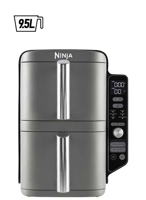 Double Stack XL Air Fryer, Vertical Dual Drawer Air Fryer With 4 Cooking Layers, 2 Drawers And 2 wire Racks, Space Saving Design, 6 Cooking Functions. 9.5 L 2470 W SL400ME/EU Silver